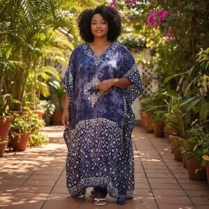 Vintage Womens Dress One Size Long Kaftan Cover Up Purple Tie Dye Hippie Grandma